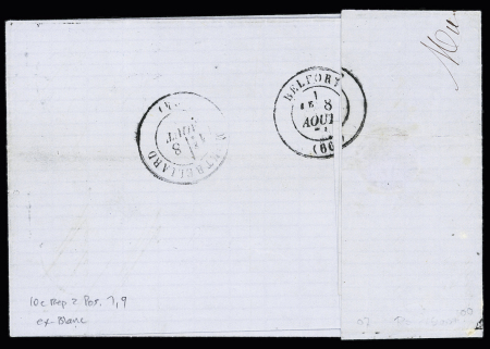 Alsace n°6 OBL CAD "Muhlhausen im Elsass" (aout 71) sur lettre pour Montbéliard avec n°43, 2 pièces, OBL PC du GC 420. AFF RR et TB