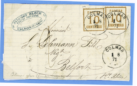 Alsace n°5, 2 pièces, OBL CAD "Colmar" (1.8.71) sur lettre pour Belfort avec taxe 2 manuscrite. TB