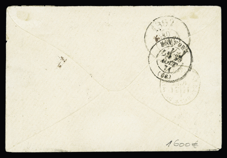 Alsace n°6 OBL CAD "Schirmeck" (28.8.71) sur lettre avec n°46, lég touché OBL PC du GC 420 (Belfort) pour Saint-Laurent du Pont. Rare cas d'utilisation du type Bordeaux en Alsace. TB