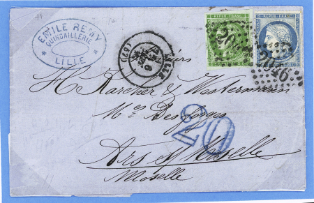 N°37 + 42 OBL GC 2046 + T17 Lille (6 sept 71) sur lettre pour Ars-s-Moselle avec taxe allemande double-trait en bleu. TB