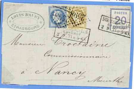 N°28 + 29 OBL GC 2598 sur lettre de Strasbourg pour Nancy avec Alsace n°6 OBL CAD rectangulaire "Strassburg i Els Bahnhof" (2.9.71). TB