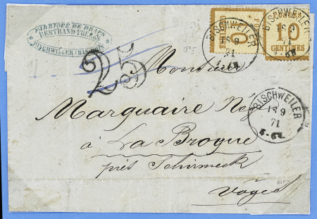 Alsace n°6, 2 pièces, OBL CAD "Bischweiler" (18.9.71) sur lettre pour La Broque (Schirmeck) avec taxe 25 double-trait rayée à la plume.TB