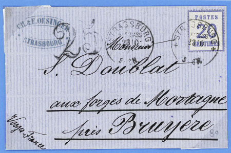 Alsace n°6 OBL CAD "Strassburg im Elsass" (23.10.71) sur lettre pour La Bruyère avec taxe 25 double-trait en noir. TB