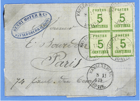 Alsace n°4, 5c vert-jaune, en bloc de 4 OBL CAD "Kaysersberg"(8.11.71) sur lettre pour Paris non taxée. TB