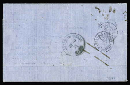 N°29 + 31 OBL GC 5080 + T15 "Alexandrie Egypte" (10 oct 71) sur lettre pour Munster avec griffe encadrée noir "affranchissement insuffisant" et taxe allemande tampon 20 façon manuscrite - l'une des 2 pièces connues e