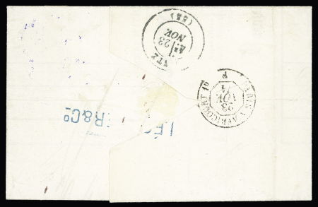 N°60 OBL étoile 1 +  CAD "Paris PL. de la Bourse" (22 nov 71) sur lettre pour Metz avec Alsace n°4 bande de 4 annulée plume. TB