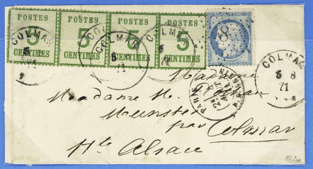 N°37 OBL étoile 8 + CAD "Paris R. d'Antin" (4 aout 1871) + Alsace n°4 en bande de 4 OBL CAD "Colmar" (5.8.71) sur lettre pour Munster, jolie pièce