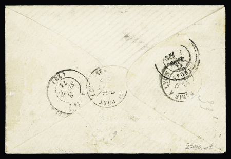 Alsace n°6 OBL CAD "Schirmeck" (6.9.71) + n°19 + 27 + 46 OBL PC du GC 420 (Belfort) sur lettre pour Saint Laurent du Pont. Rare AFF mixte avec émission de Bordeaux. TB