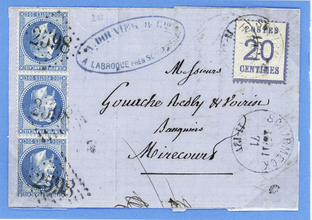 N°29, bande de 3 verticale, OBL GC 2598 (Nancy) sur lettre suraffranchie côté français + Alsace n°6 OBL Schirmeck pour Mirecourt. TB