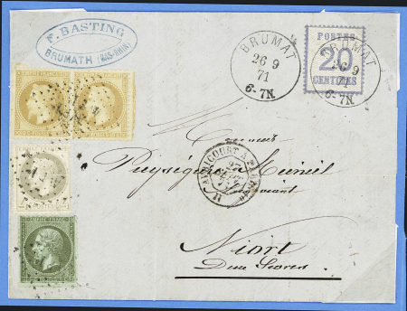 N°19 + 27 + 28 en paire OBL losange de points ambulant "AVP 1°" + CAD ambulant de jour "Avricourt à Paris 1°h" (27 sept 71) + Alsace n°6 OBL CAD "Brumat" (26.9.71) sur lettre pour Niort. TB