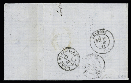N°25 + 27 + 36, 2 pièces OBL PC du GC 420 (Belfort) + Alsace n°6 OBL fer à cheval de Colmar sur lettre pour Aniane. TB