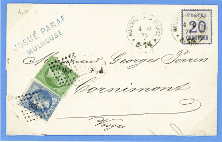 N°20 + 29 OBL PC du GC 420 (Belfort) sur lettre pour Cornimont (Vosges) avec Alsace n°6 OBL CAD "Muhlhausen im Elsass" (4.9.1871). TB