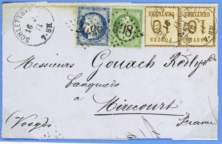 N°20 + 37 OBL GC 2598 (Nancy) + Alsace n°5 en paire OBL CAD "Schlettstadt" (16.9.71) sur lettre. TB