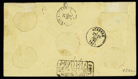 Alsace n°6 + 7 OBL CAD fer à cheval "Colmar" (24 dec 71) sur lettre chargée avec étiquette rouge "Recommandirt n°585" pour Auxerre avec taxe manuscrite "75" au crayon rouge.