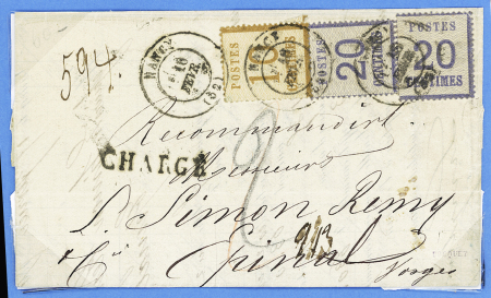 Alsace n°5 + 6, 2 pièces, OBL CAD T17 Nancy (16 fev 71) sur lettre pour Epinal avec griffe "chargé" avec numéro de chargement 594. TB