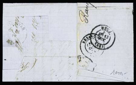 N°29 + Alsace n°6 en paire OBL CAD "Hayingen" (13.10.71) sur lettre pour Besançon avec au recto taxe double-trait 5c noir. RR et TB