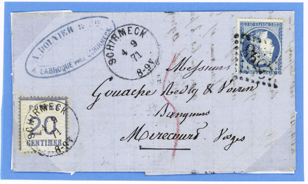 N°37 OBL GC 2598 (Nancy) sur lettre avec Alsace n°6 OBL CAD "Schirmeck" (4.9.71) et taxe 5 au crayon rouge pour affranchissement insuffisant. TB