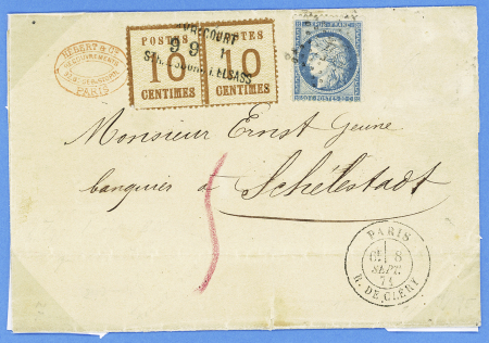 N°37 OBL étoile 24 + CAD "Paris R. de Cléry" (8 sept 71) + Alsace n°6 en paire OBL ambulant linéaire "Avricourt Strassburg i Elsass" (9.9.71) sur lettre avec taxe 5 au crayon rouge pour affranchissement insiffisant.