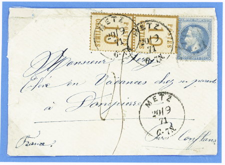 Alsace n°6 en paire OBL ambulant CAD "Metz" (20.9.71) + n°29 sur lettre pour Dompierre avec taxe manuscrite 05 pour affranchissement insuffisant. TB