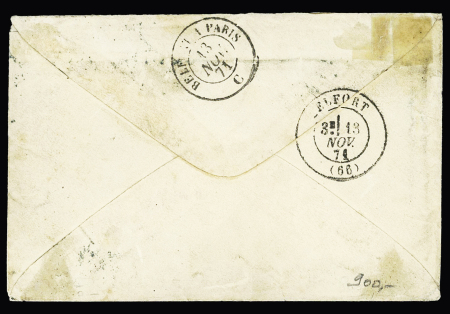 Alsace n°6 OBL CAD bleu fer à cheval "Muhlhausen i els" (13 nov 71) + n° 20 + 37 OBL PC du GC 420 (Belfort) avec taxe française 15 au crayon rouge pour double-port. TB