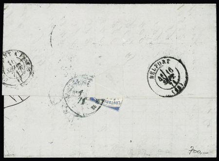 N°25, bande de 3 + 26 + 28 + 60 OBL GC 3942 + CAD T17 "Thizy (68)" (15 sept 71) sur lettre en double port pour Mulhouse avec taxe allemande 20 tampon façon manuscrite rayée et remplacée par une taxe 40 au crayon bleu