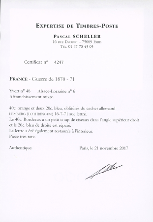 Alsace n°6 OBL CAD "Lemberg im Lothringen" (16.7.71) sur lettre en double port avec n°48, 40c orange Bordeaux, OBL idem. Seule pièce connue. TB
