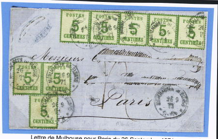 Alsace n°4, bande de 5 + 1 pièce + paire OBL CAD "Muhlhausen im Elsass" (26.9.71) sur lettre pour Paris avec adresse découpée et restaurée. Pièce spectaculaire.