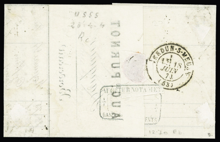 Lettre de Metz pour Verdun en double port avec Alsace n°6 en paire OBL CAD "Metz" (17.6.71) et n°31, 40c orange OBL losnge de points ambulant "SP2°".