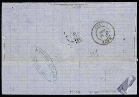 Alsace n°6 en paire + France n°60, 2 pièces OBL CAD "Puttlingen" (16.11.71) sur lettre en double port surrafrnachie pour Paris. Cas exceptionnel d'utilisation du CAD allemand sur timbres français. RR et TB