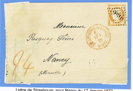 N°38, 40c orange, OBL GC 2598 (Nancy), à côté CAD rouge "Strassburg il Elsass F" (17.1.72) sur lettre en double port pour Nancy. Rare et TB