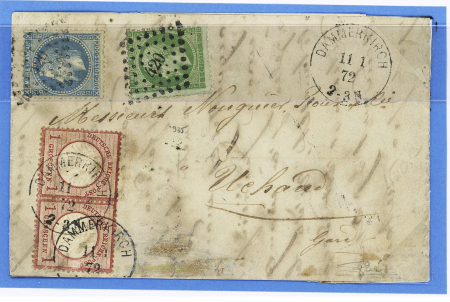 Allemagne n°16 en paire OBL CAD "Dammerkirch" (11.1.72) sur lettre pour Uchaud (Gard) avec n°20 + 29 OBL PC du GC 420