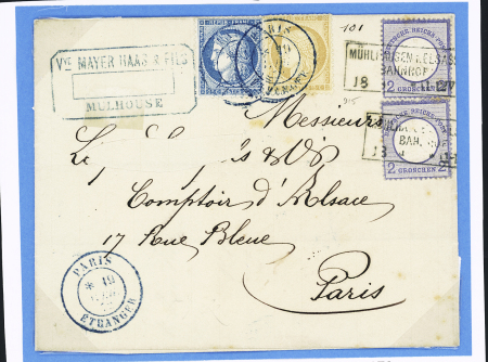 N°59 + 60 OBL CAD 2 cercles "Paris étranger" (18.2.1872) + Allemagne n°17, 2 pièces, OBL CAD rect "Muhlhausen i elsass Bahnhof" sur lettre en double port (nom du destinataire découpé). TB