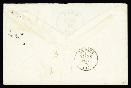 N°60 OBL losange de points "PC2°" ambulant + Allemagne n°17 OBL CAD "Metz" (22.5.72) sur lettre pour La Fère (Aisne) avec griffe encadrée rouge "affranchissement insuffisant" rayée à la plume. TB