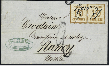 Alsace n°5 en paire OBL manuscrite "Barr 24.7" (71) sur lettre pour Nancy avec taxe 2 tampon façon manuscrite. TB
