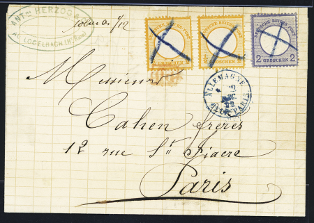 Allemagne n°15, 2 pièces + n°17 annulés croix au crayon bleu sur lettre de Logelbach (Haut Rhin) pour Paris avec CAD d'entrée bleu "Allemagne Belf-Paris" (2 dec 72) et marque manuscrite "Colmar 1/12". TB