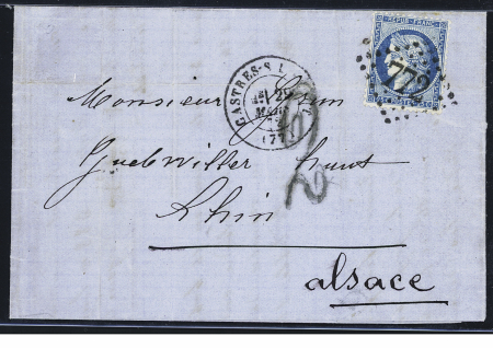N°60 OBL GC 772 + CAD "Castres-s-l'Agout (77)" (29.3.72) sur lettre pour Guebwiller avec taxe 2 tampon allemande façon manuscrite. TB