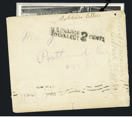 Lettre d'un caporal de l'expédition US vers Manille avec griffe noire "US Charge to collect 2 cents" et au verso arrivée San Francisco (17 aout 1898). TB