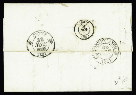 Lettre de Naples pour Cette avec cachet ovale bleu "Claude Clerc et Cie" agence à Marseille vapeurs napolitains" + CAD T13 de Marseille (contient une publicité pour le service des paquebots à vapeur). TB