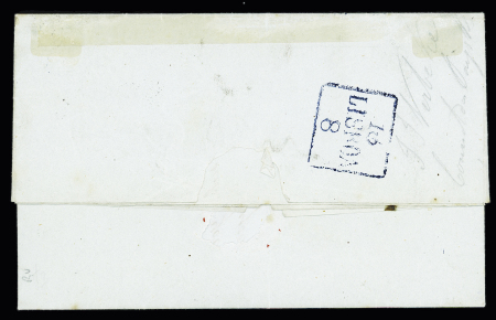 Lettre de Gibraltar pour le consul de Belgique à Lisbonne avec marque cintrée noire "Gibraltar" et marque encadrée bleue "P. Brit" (1840). TB