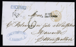 Lettre de Livourne pour Montpellier avec petite marque encadrée bleue "Per Vapore" + CAD d'entrée rouge "1 TOSC 1 Marseille" (1859) et taxe 6 tampon façon manuscrite. TB