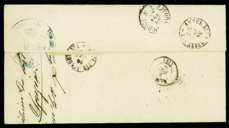 Lettre de La Spezia pour Bastia avec CAD "Spezia" + CAD d'entrée rouge "Italie Bastia" (1866) et taxe 6 tampon façon manuscrite. TB