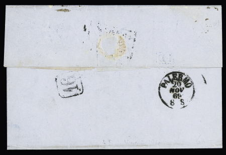 N°31, 2 pièces, OBL ancre bleue + CAD rond bleu "Ligne X PAQ. FR. n°3" (1869) sur lettre de Marseille pour Palerme avec mention manuscrite "Par Erbre". TB