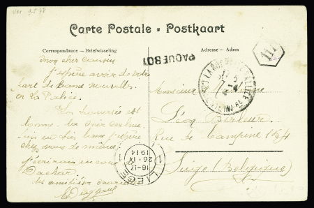 Belgique n°111 OBL petit cachet rond violet "paquebot Elisabethville" avec étoile au centre sur carte postale représentant le navire. TB