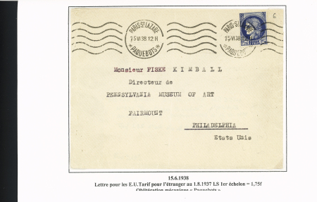 N°372 OBL mécanique avec lignes ondulées "Paris St Lazare paquebots" (1938 - tarif spécial leve exceptionnelle pour rejoindre le paquebot en partance pour les USA à Cherbourg) (Salles n°287) sur lettre pour Philade