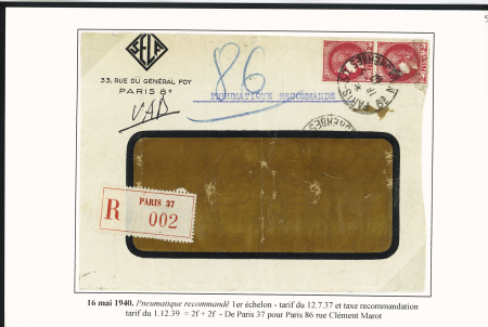 N°373, 2F rose-rouge en paire OBL Paris 37 (1940) sur env pneu recommandée à fenêtre. Rare et TB