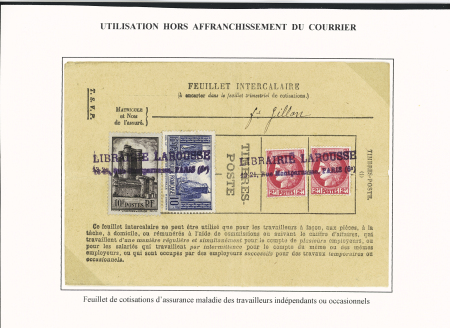 N°373, 2 pièces + 261 + 393 OBL linéaire violette "Librairie Larousse 13-21 rue Montparnasse Paris (6e) sur feuillet de cotisations d'assurance maladie des travailleurs indépendants ou occasionnels. Rare et TB