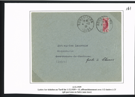 N°373, demi-timbre coupé verticalement OBL CAD "Roussillon Isère" (4.12.39) sur lettre  (tarif à 1F du 1.12.1939). TB