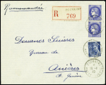 N°374 en paire + n°414A, 50c Mercure bleu OBL Douvaine Haute savoie (1940) sur lettre recommandée au tarif frontalier du 2ème échelon pour Anières, canton de Genève. Rare et TB