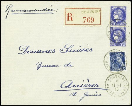 N°374 en paire + n°414A, 50c Mercure bleu OBL Douvaine Haute savoie (1940) sur lettre recommandée au tarif frontalier du 2ème échelon pour Anières, canton de Genève. Rare et TB