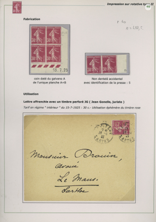 4 plis dont n°191, sur rare CP en tarif frontalier pour la Suisse (1925), n°191 perforé "JG" (Jean Gonelle, juriste, La Flèche Sarthe) - n°191 bloc de 4 coin daté 13.7.25 et n°191 non dentelé en paire BDF avec id